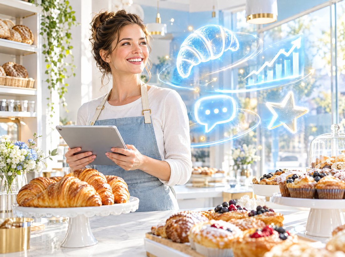 A bakery owner with a tablet and holographic sales icons above the counter