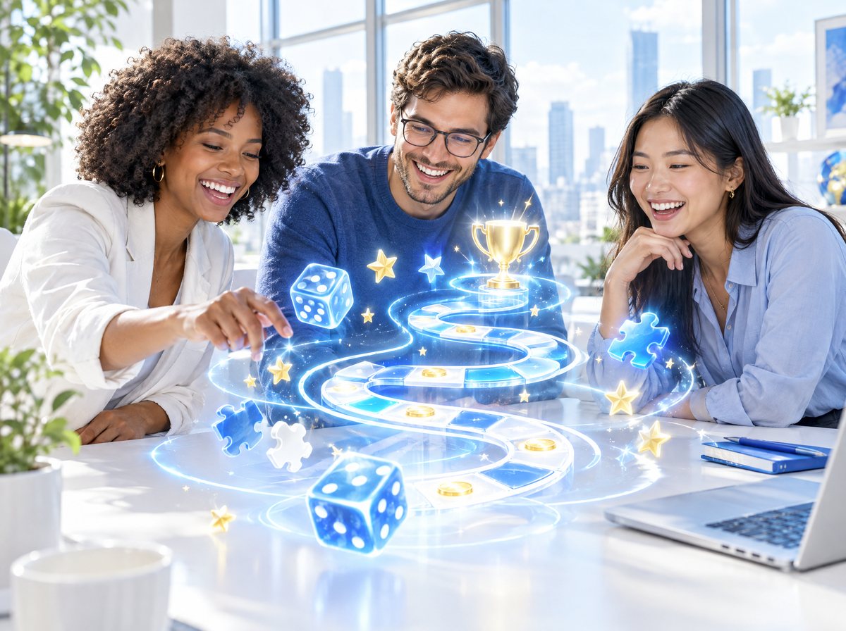 Coworkers laughing while playing a learning game, with glowing holographic game pieces above the table