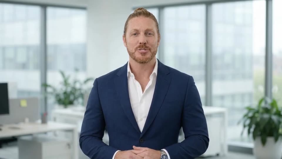 An AI presenter in a navy blazer speaking to camera in a bright office